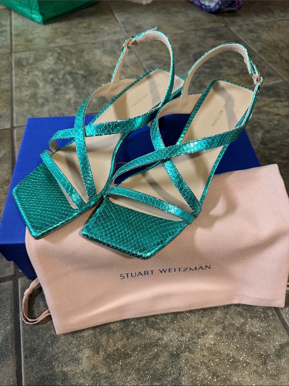 Stuart Weitzman Teal Metallic Strappy Heels
